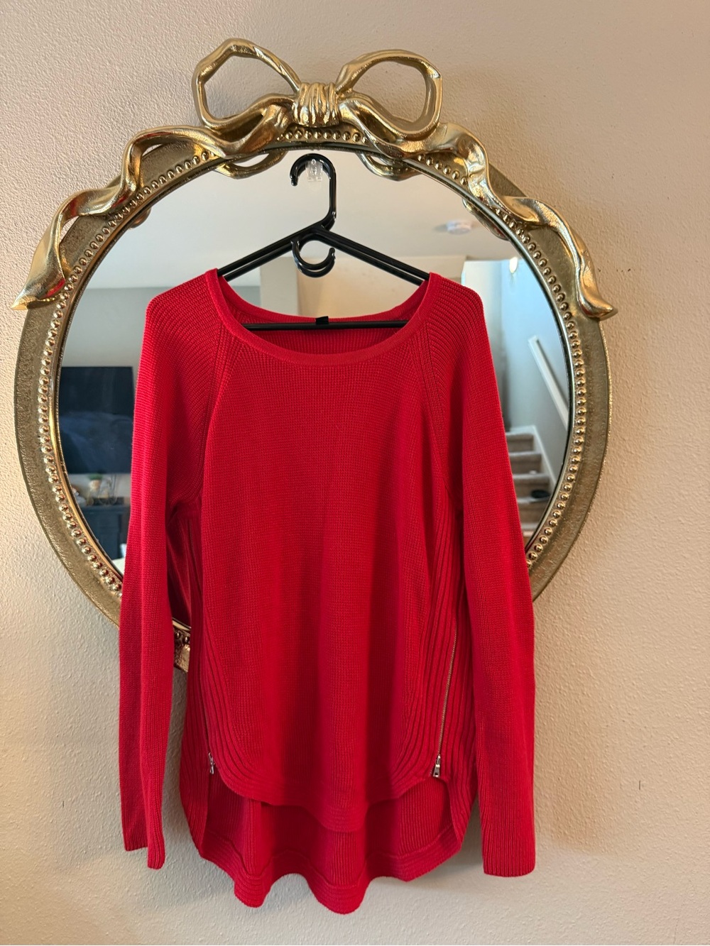 INC International Concepts Red Long Sleeve Knit Sweater with Zipper Detail